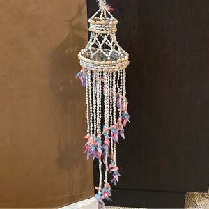 Hanging VTG Seashell Cowrie Chandelier Wind Chime Sea Shell Boho Beach 26” Long